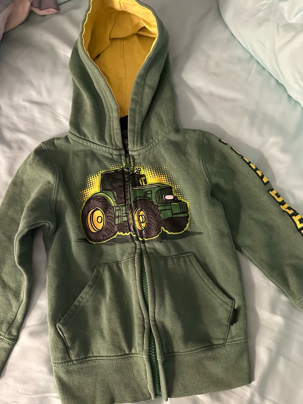 John Deere Green Hooded Zip-Up Sweatshirt with Yellow Lined Hood